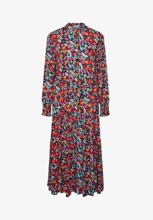 Vestido floral con un patrón multicolor sobre un fondo negro, mangas largas, cuello y un diseño de falda de volantes.