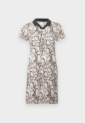 Kurzärmeliges Kleid mit Schlangenprint und schwarzem Kragen. Es besticht durch eine taillierte Passform und Knopfdetails. Hergestellt aus glattem, leichtem Stoff.