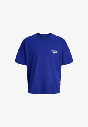 Blå bomulds t-shirt med en afslappet pasform. Har korte ærmer, en rund halsudskæring, og "ORIGINALS" broderet i hvidt på brystet.