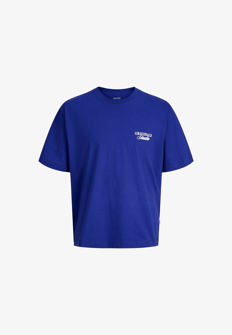 Μπλε βαμβακερό t-shirt με χαλαρή εφαρμογή. Διαθέτει κοντά μανίκια, λαιμόκοψη και την ένδειξη "ORIGINALS" κεντημένη σε λευκό στο στήθος.