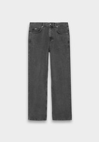 Jeans de mezclilla gris oscuro con corte recto, cinco bolsillos y acentos de herrajes metálicos. Textura suave con una ligera apariencia desgastada.