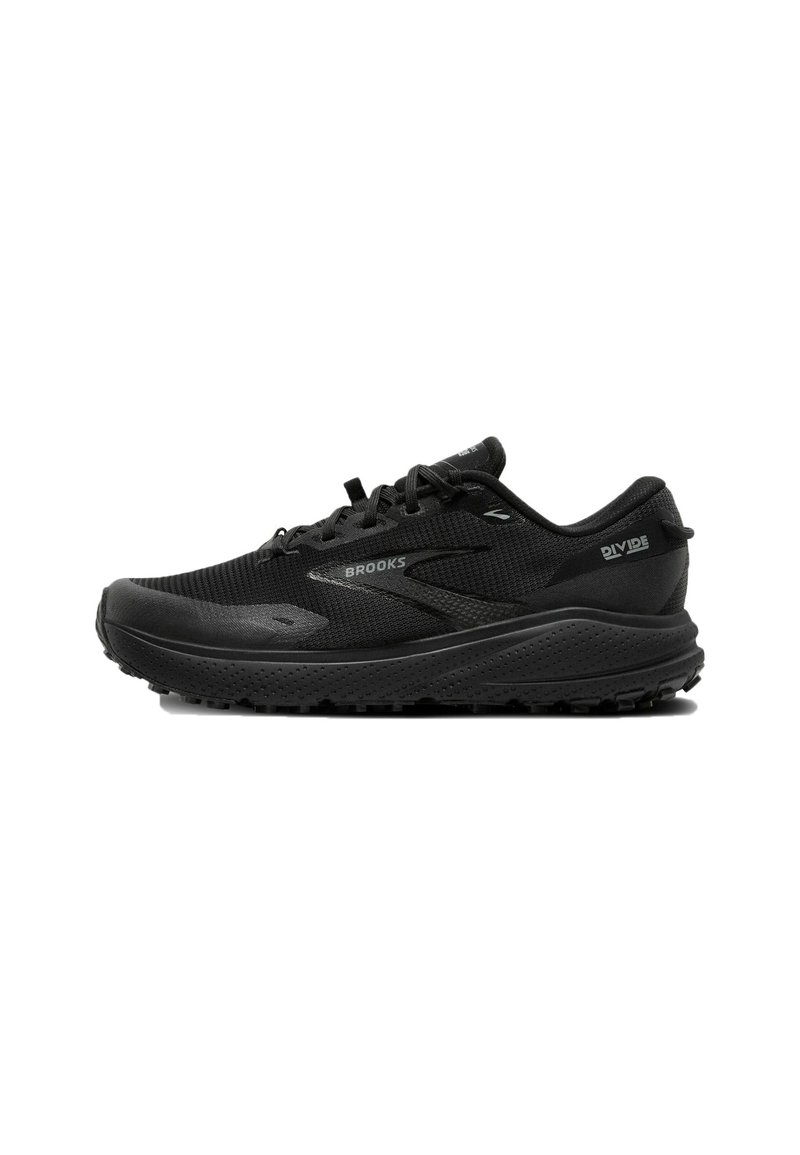 Black running shoe with a breathable mesh upper, padded collar, lace-up closure, and textured rubber outsole featuring traction patterns.