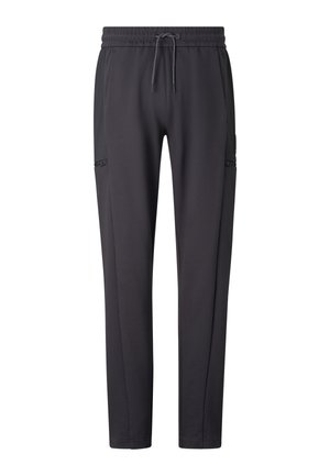 Tmavě šedé kalhoty s rovnými nohavicemi, elastickým pasem a stahovací šňůrkou, s bočními a cargo kapsami se zipy.