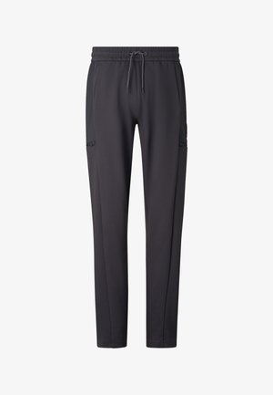 Ciemnoszare spodnie o prostych nogawkach z elastycznym paskiem w talii i sznurkiem do wiązania, z bocznymi i cargo kieszeniami zapinanymi na zamek.
