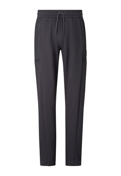 Ciemnoszare spodnie o prostych nogawkach z elastycznym paskiem w talii i sznurkiem do wiązania, z bocznymi i cargo kieszeniami zapinanymi na zamek.