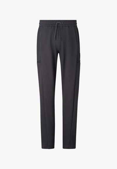 Ciemnoszare spodnie o prostych nogawkach z elastycznym paskiem w talii i sznurkiem do wiązania, z bocznymi i cargo kieszeniami zapinanymi na zamek.