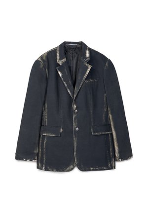 Black blazer with worn, faded edges and seams, featuring two front flap pockets, one chest pocket, and two buttons down the front.