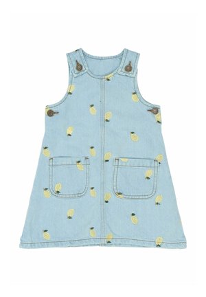 Vestido de mezclilla en azul claro con bordado de limón amarillo, que cuenta con dos bolsillos frontales y detalles de botones en las tirantes.