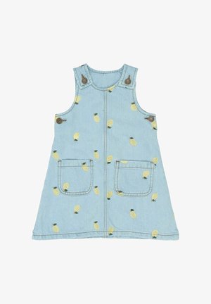 Vestido de mezclilla en azul claro con bordado de limón amarillo, que cuenta con dos bolsillos frontales y detalles de botones en las tirantes.