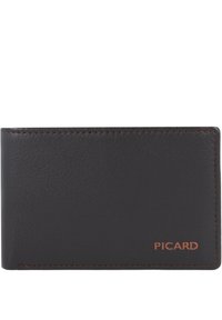 Schwarze Lederbörse mit glatter Textur, ausgestattet mit kontrastierendem braunem Nähen und hervorgehobenem "PICARD"-Logo in der unteren rechten Ecke.