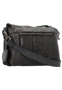 Borsa a tracolla nera in pelle con un vano principale con zip, tasca frontale e tracolla regolabile. Presenta una superficie liscia e accenti minimali.
