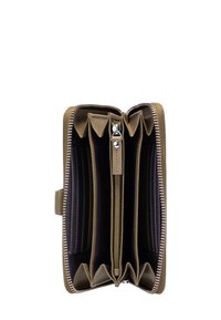 Zelen denarnica iz usnja z zadrgo, ki vsebuje več reber za kartice, osrednji predal z zadrgo in teksturirano zunanjost.