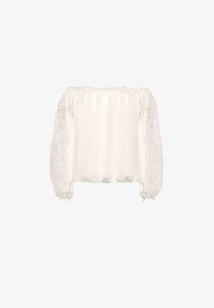 Blusa bianca con maniche lunghe in pizzo trasparente, scollatura arricciata e polsini elasticizzati. Tessuto morbido con una vestibilità comoda.