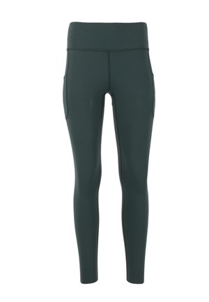Donkergroene leggings van rekbaar materiaal, met zijzakken, een hoge tailleband en platgestikte naden voor extra comfort.