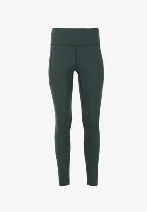 Donkergroene leggings van rekbaar materiaal, met zijzakken, een hoge tailleband en platgestikte naden voor extra comfort.