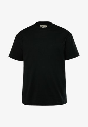 Schwarzes Baumwoll-T-Shirt mit rundem Halsausschnitt, kurzen Ärmeln und lockerer Passform. Einfaches Design ohne Muster oder Akzente.
