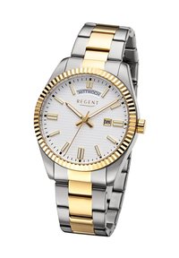 Montre en acier inoxydable argent et or avec un cadran blanc texturé, des index des heures en ton or, un affichage de la date et un bracelet en métal bicolore.