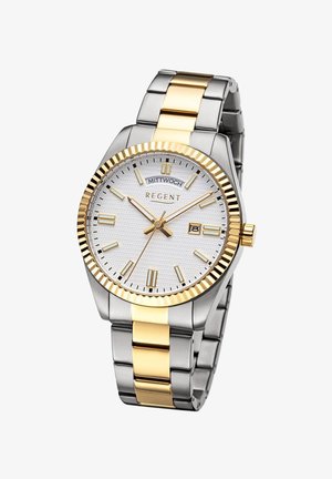 Montre en acier inoxydable argent et or avec un cadran blanc texturé, des index des heures en ton or, un affichage de la date et un bracelet en métal bicolore.