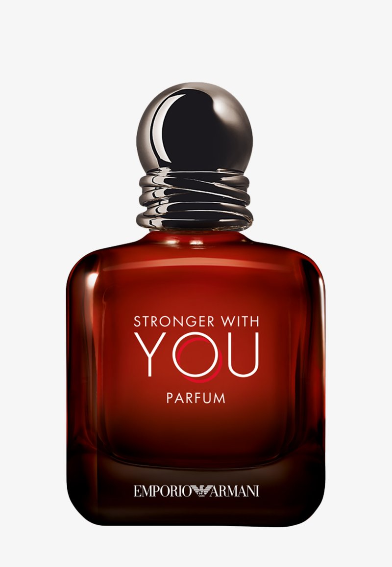 Dark red Emporio Armani perfume bottle with silver cap and text "Stronger With You Parfum" on front.