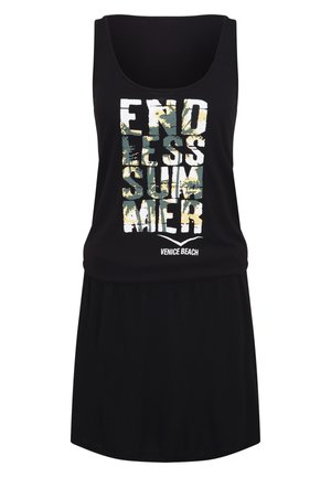 Crna haljina bez rukava s natpisom "NEKONČANO Ljeto" u bijeloj i zelenoj boji, s podesivim pojasom i razvedenim dizajnom suknje. Mehak materijal.