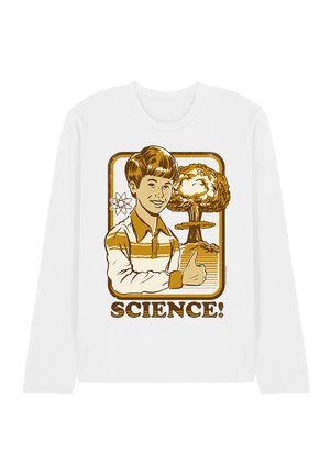 Boy giving thumbs up with atomic symbol and mushroom cloud explosion behind, with the word "SCIENCE!" below in bold letters.