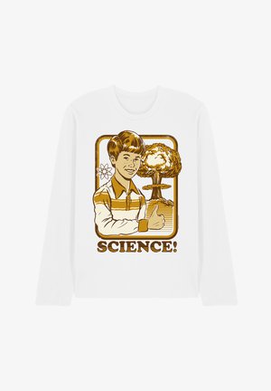 Boy giving thumbs up with atomic symbol and mushroom cloud explosion behind, with the word "SCIENCE!" below in bold letters.