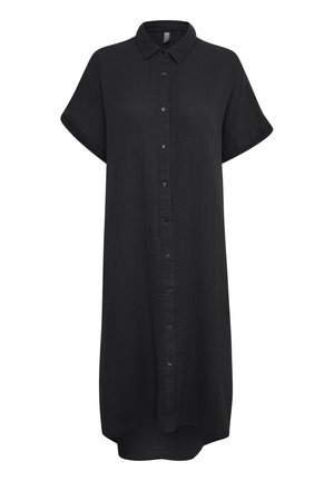 Black shirt dress with a button-down front, short sleeves, and a collar. Made of lightweight, textured fabric, featuring a curved hem.