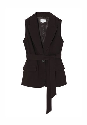 Sleeveless, dark brown blazer vest with a belted waist, notch lapels, and two front pockets; smooth fabric with a satin lining.