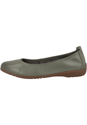 Green leather ballet flat with a rounded toe, low heel, and textured rubber sole. Features a stitched seam along the top edge.