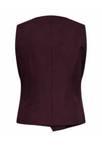 Dark burgundy tailored sleeveless vest with a structured back and subtle seam detailing, isolated on white background.