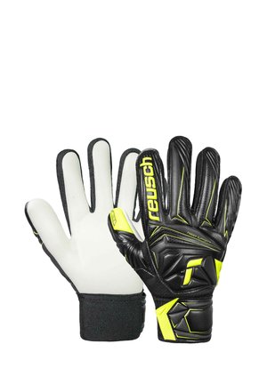 Black and yellow Reusch goalkeeper gloves, padded backhand, white palm surface, wrist closure straps, finger support features.