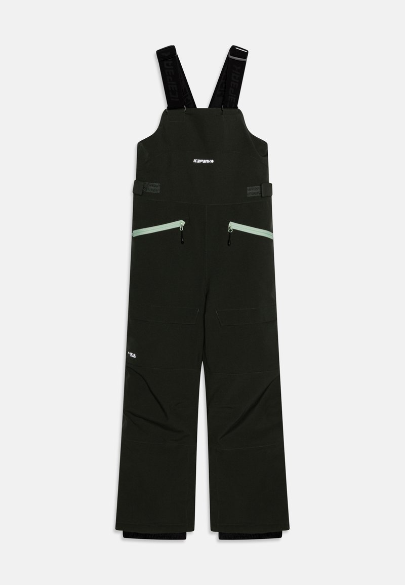 Svart vanntett snøbukse med justerbare stropper, to frontlommer med glidelås, og sømdetaljer for økt holdbarhet.