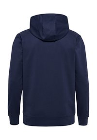 Navy blue hooded sweatshirt with a smooth texture, featuring a wide hood, ribbed cuffs, and a straight hem. No visible logos or patterns.