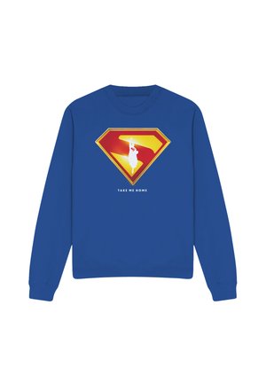 Blue sweatshirt with a Superman-style shield featuring a rocket silhouette and the text "TAKE ME HOME" below.