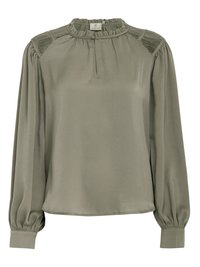 Bluza s dugim rukavima u maslinastoj boji s visokim volanima na izrezu, nabranim detaljima na ramenima i elastičnim manžetama. Glatka, lagana tkanina.