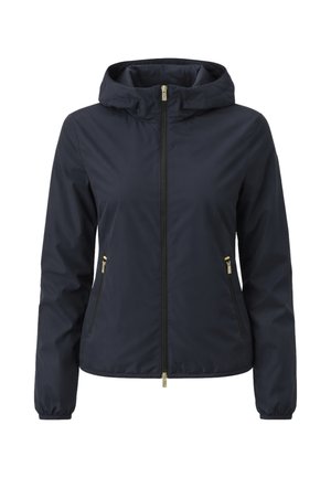 Giacca con cappuccio blu navy con cerniera frontale, due tasche con cerniera e polsini elastici, progettata per donne.