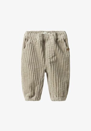 Teksturirane, bež korduroy hlače s vertikalnim prugama, elastičnom remenom i bočnim džepovima. Mekani materijal pruža ugodan osjećaj.