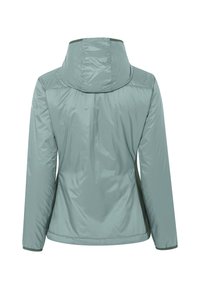 Giacca verde chiaro con cappuccio, realizzata in materiale lucido e resistente all'acqua. Presenta polsini elastici e cuciture laterali per una silhouette aderente.