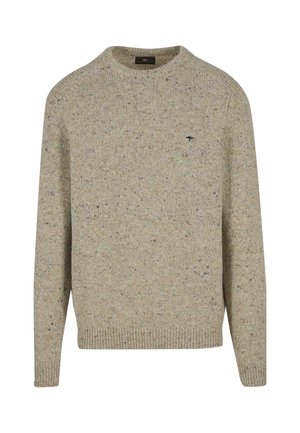 Pull en tricot beige clair fabriqué à partir d'un fil texturé avec de petites fleuves. Possède un col rond et des poignets et un ourlet côtelés. Petit logo sur la poitrine.