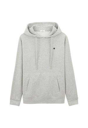 Grå hættejakke lavet af blødt stof, med foret hætte, to frontlommer og et lille sort punktlogo på brystet. Casual design.