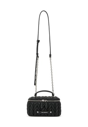 Black quilted handbag with a top handle and adjustable chain strap. Features dual zipper closure and branded metal accent. Textured leather material.