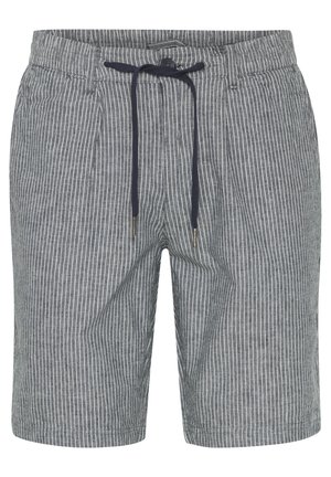 Shorts rayés en gris et blanc, fabriqués en tissu léger. Ils disposent d'une taille élastique avec un cordon de serrage et de poches latérales.