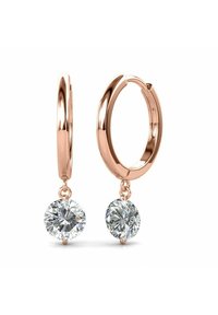 Roségold-Ohrringe in Form von Creolen verfügen über einen zentralen klaren Edelstein, der an jedem Ohr hängen. Glatte, polierte Oberfläche und runde Steindetails.