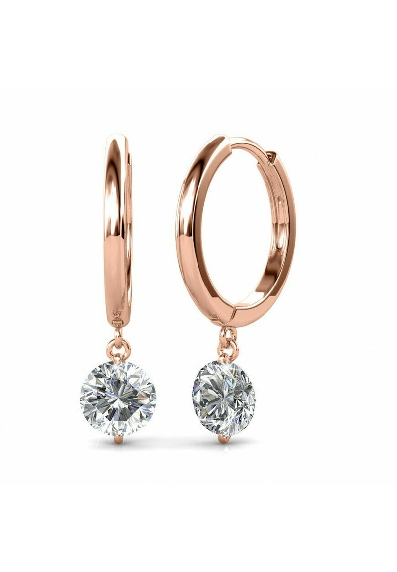 Roségold-Ohrringe in Form von Creolen verfügen über einen zentralen klaren Edelstein, der an jedem Ohr hängen. Glatte, polierte Oberfläche und runde Steindetails.