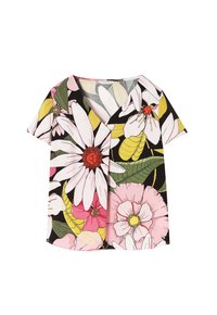 Blomstret kortærmet top med store hvide, pink og gule blomster på en sort baggrund. Blødt stof med en afslappet pasform og V-hals design.