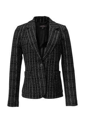 Blazer à motifs noir et blanc avec un col classique, fermeture à un bouton et deux poches avant. Tissu texturé avec une coupe ajustée.
