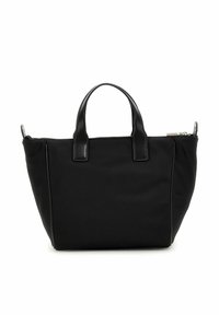 Schwarze Tragetasche aus Stoff mit Ledergriffen, ausgestattet mit einem Reißverschluss und zwei oberen Griffen, glatte Textur und strukturierte Form.