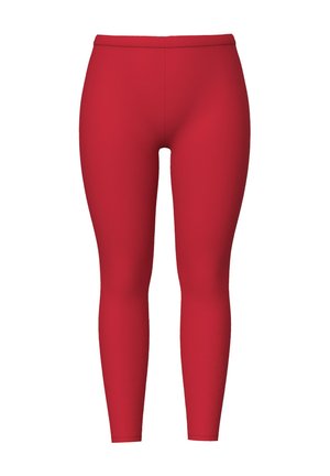 Leggings rossi realizzati in tessuto elasticizzato, con una texture liscia, vita alta e design aderente. Nessun motivo o accessorio visibile.