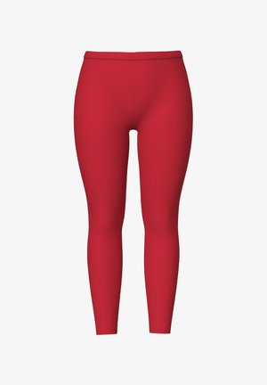 Leggings rojos hechos de tejido elástico, con una textura suave, cinturilla alta y diseño ajustado. Sin patrones visibles ni herrajes.