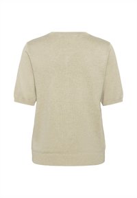 Helebeežid lühikeste varrukatega kampsun ümmarguse kaelusega, soonikkoes servadega ja ühtlase tekstuuriga. Lihtne disain ilma täiendavate mustrite või aktsentideta.